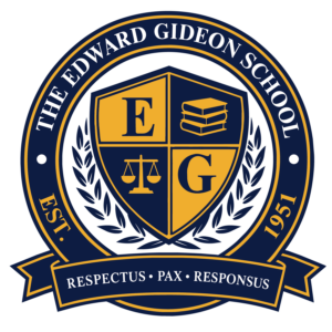 Edward Gideon School crest featuring a shield with books, scales, and the letters E and G in navy, gold, and white.